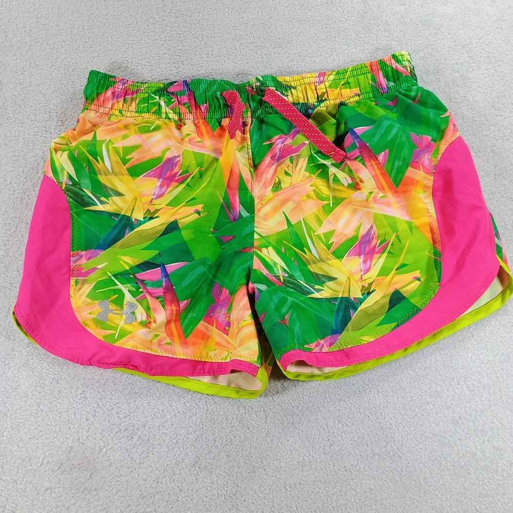 Under Armour Girls HeatGear Shorts Tropical Floral Green Pink Medium Loose Fit